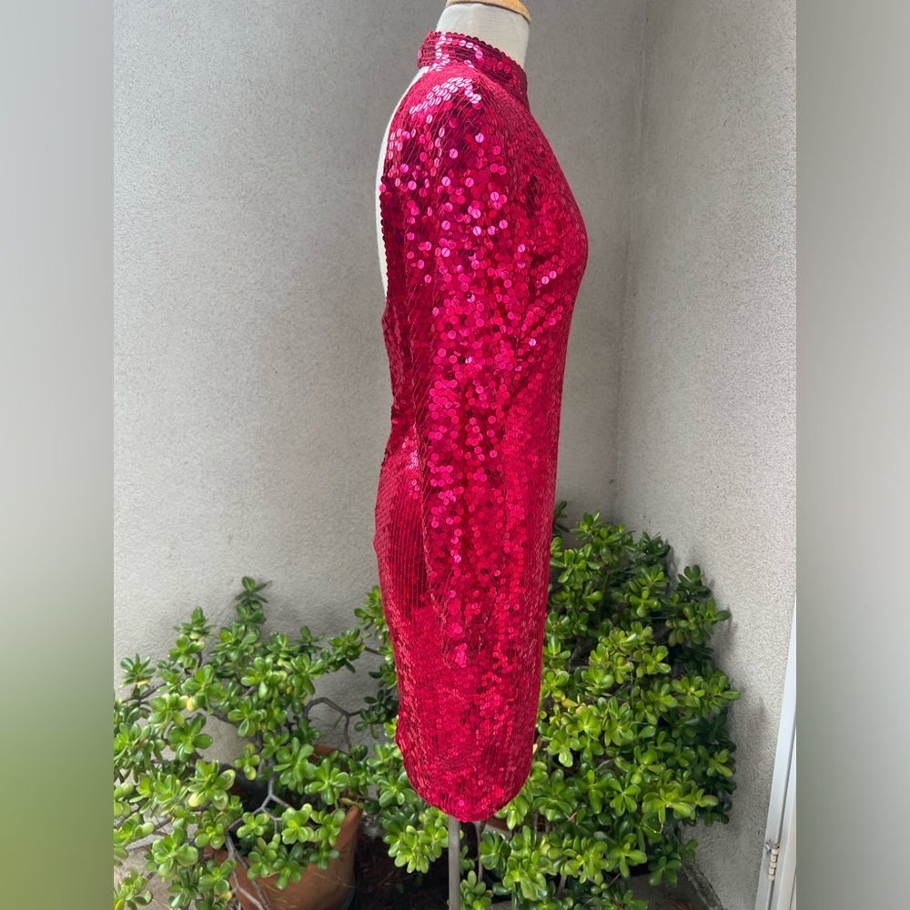 Vintage Disco Dress Ruby Red Sequins Keyhole Back… - image 4